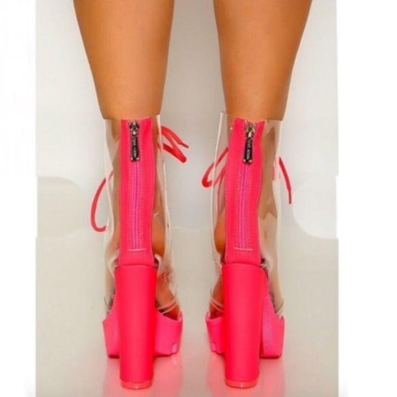 Clear Lace Up Lug Sole Booties in Pink Snake - Picture 6 of 7